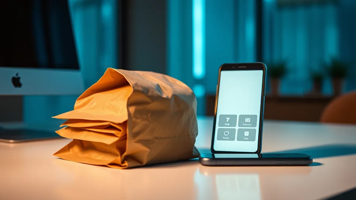 Illustration: A stack of sealed brown paper food delivery bags rests on a sleek white office desk next to a modern smartphone.