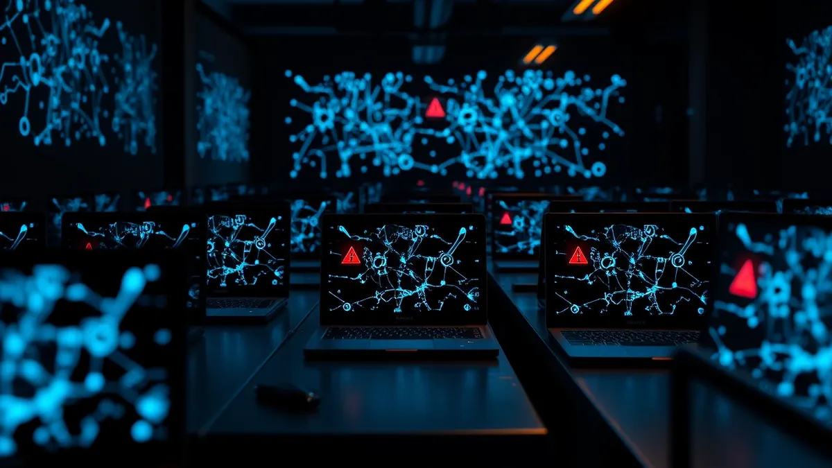 Illustration: Rows of identical laptop computers sit on a long metal table in a dimly lit office.