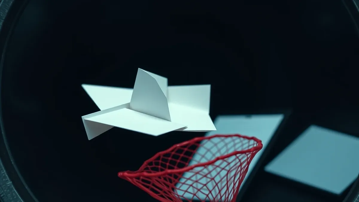 Illustration: A white paper airplane carrying folded documents flies toward a black intake funnel.