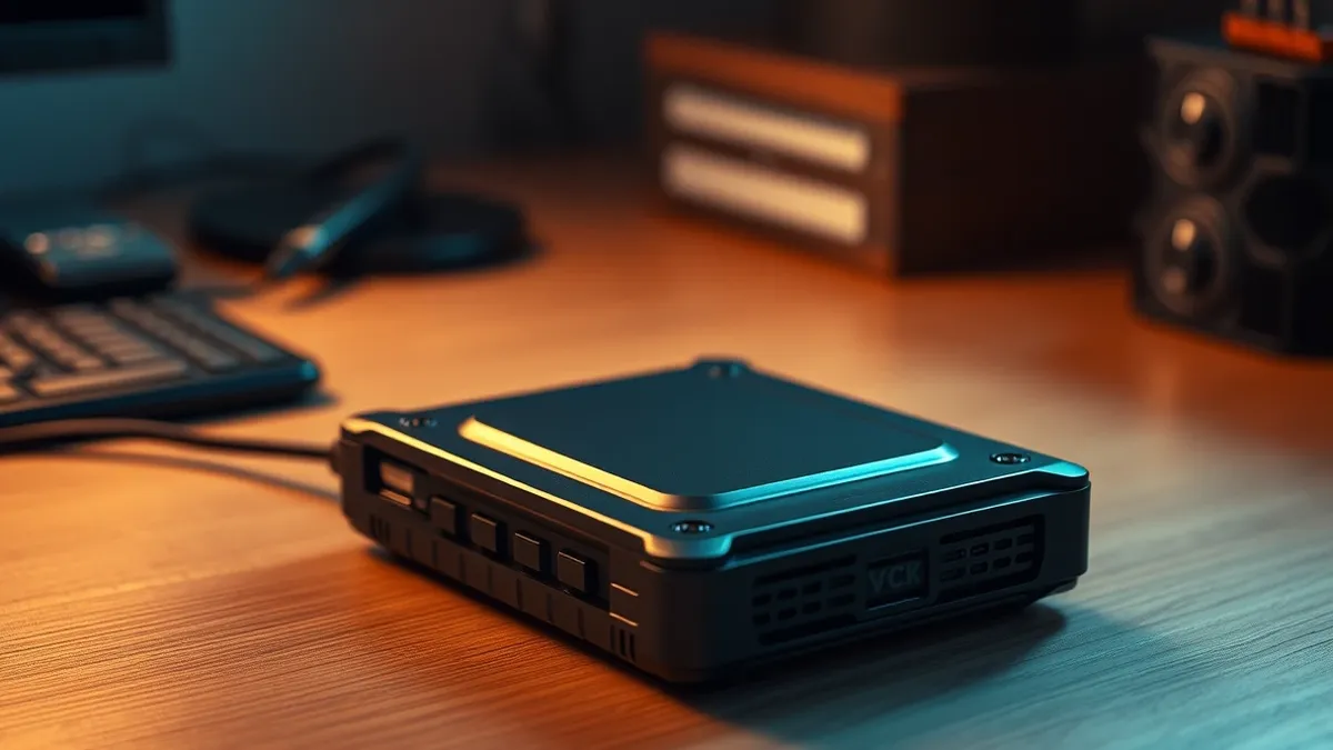 Illustration: A rugged external hard drive sits isolated on a plain wooden desk, completely disconnected from any cables or power source.