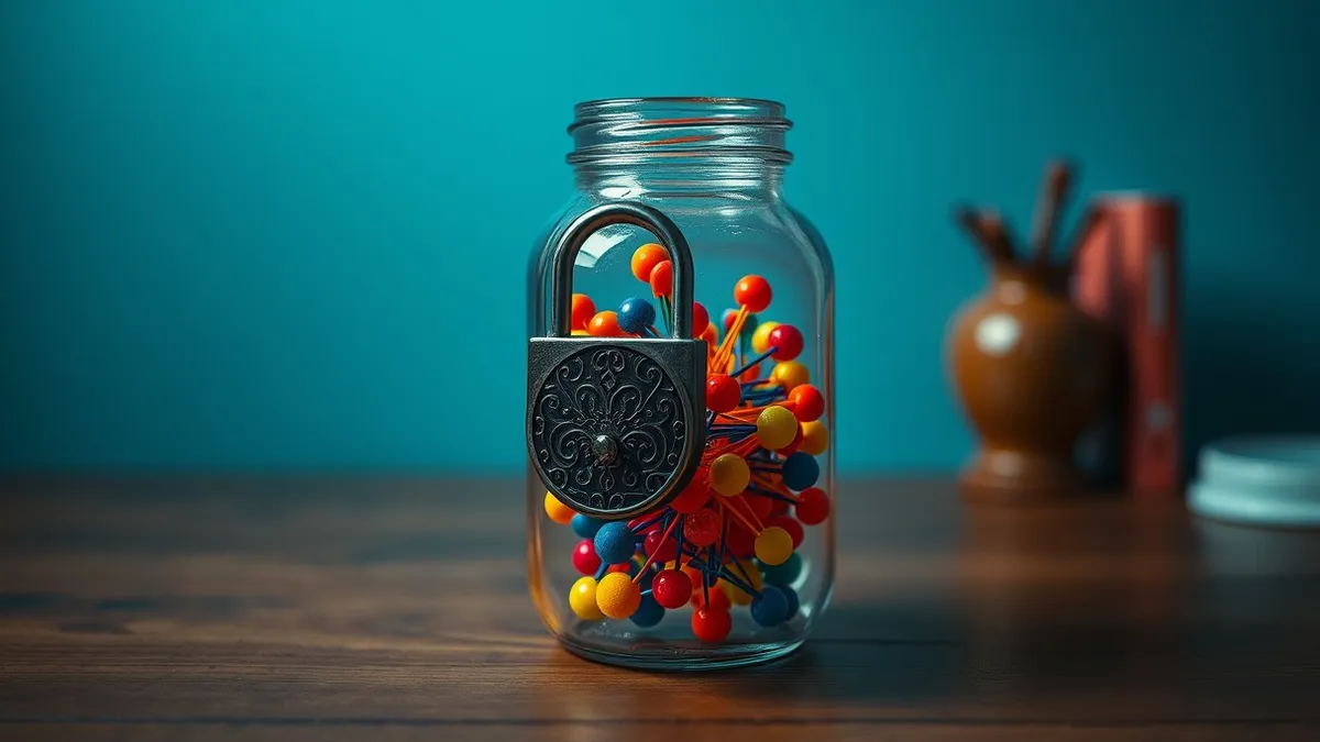 Illustration: A translucent glass jar sits on a wooden table, filled with colorful magnetic spheres that mimic a neural network structure.