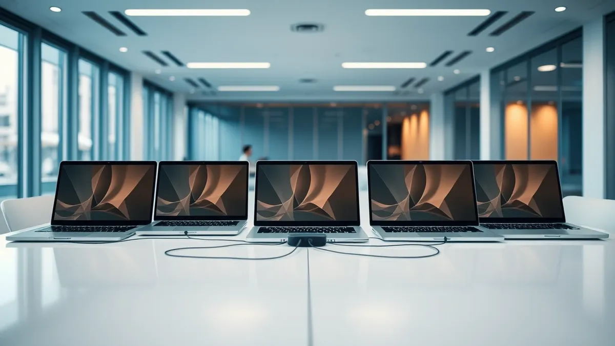 Illustration: Six blank laptops sit open on a sleek white table inside a modern office.