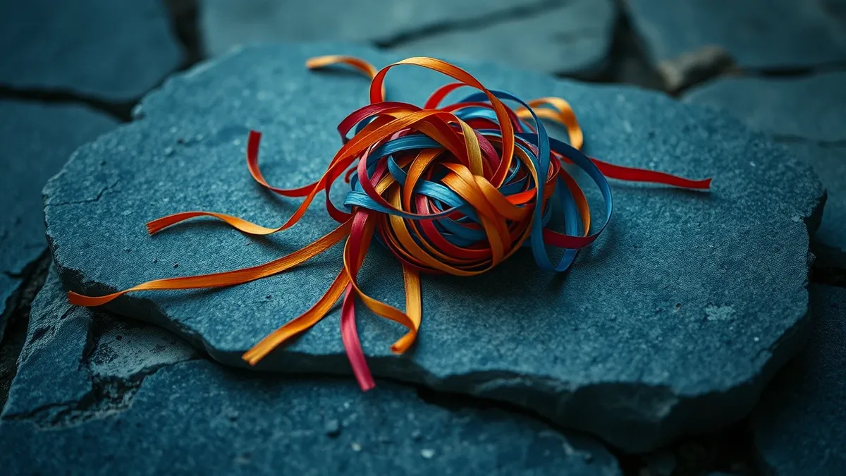 Illustration: A tangled knot of colorful ribbons lies atop a smooth stone slab, with several threads slipping away or snapping under tension.