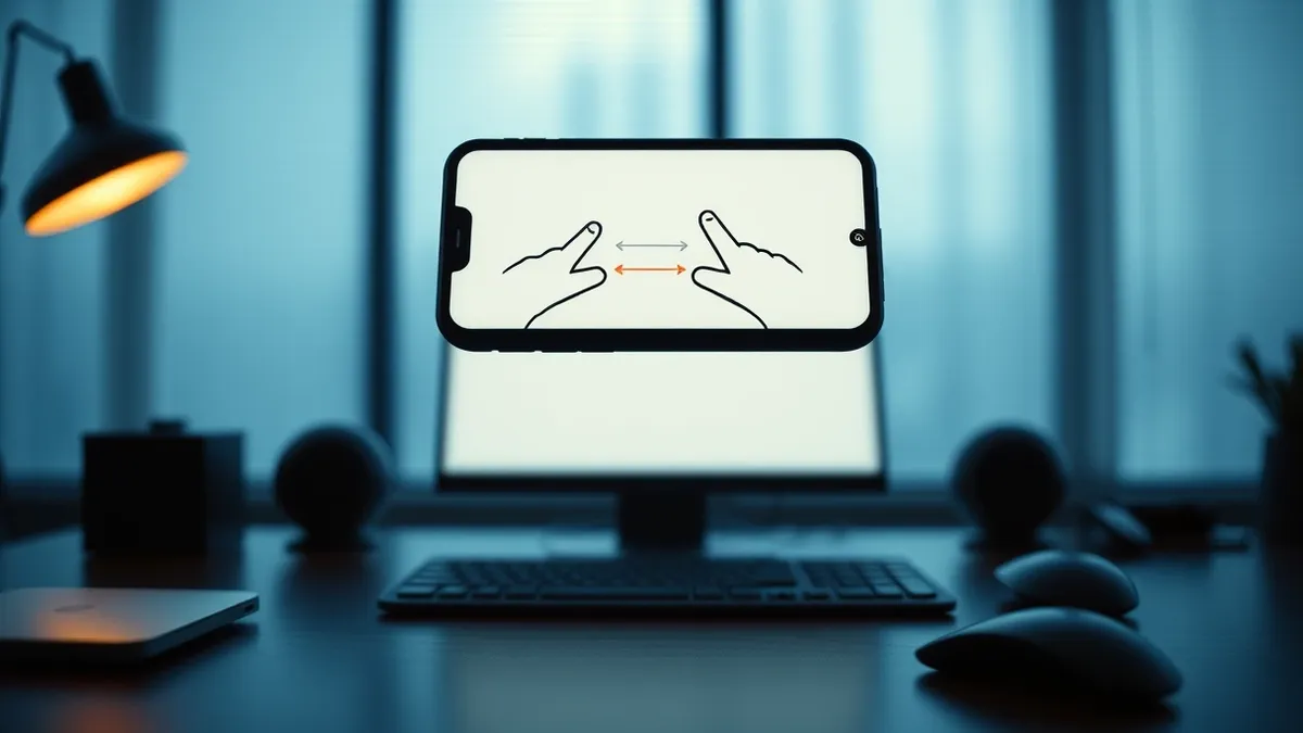 Illustration: A sleek black smartphone floats above a modern desk.