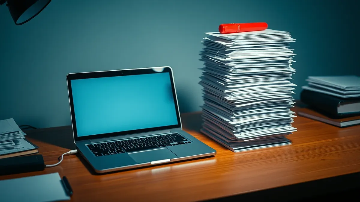 Illustration: A cluttered desk holds a sleek laptop next to a towering stack of unopened, blank white envelopes.