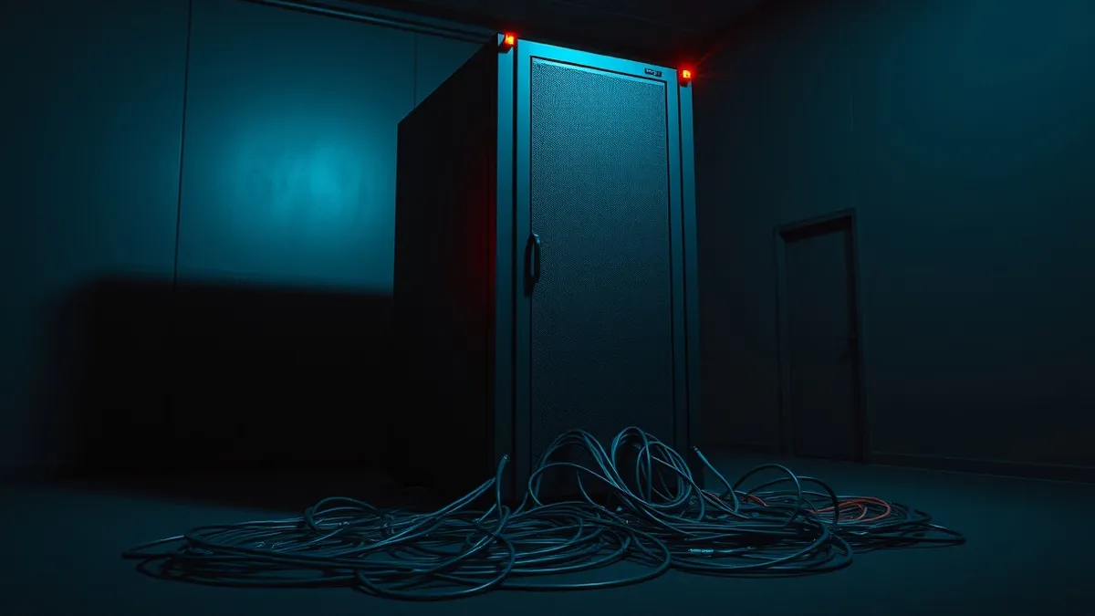 Illustration: A large server unit stands isolated in a dark room, its status lights blinking a steady, ominous red.