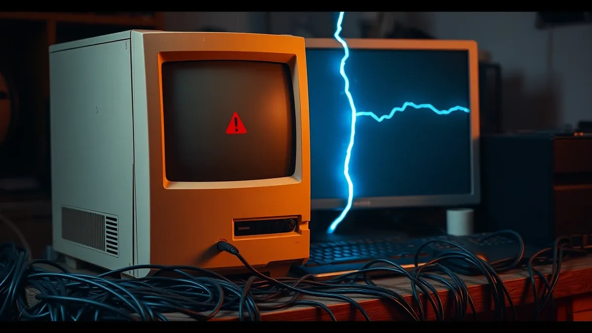 Illustration: A dusty beige tower computer sits on a cluttered wooden desk beside a tangled mess of black cables.