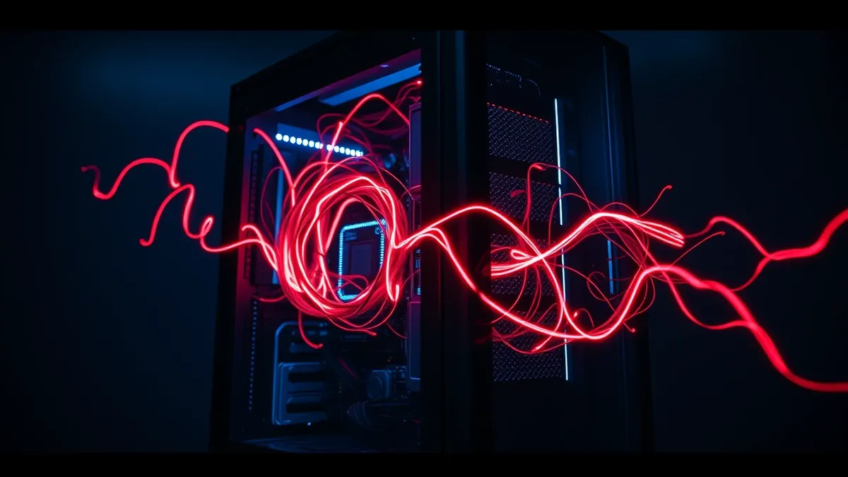 Illustration: A sleek black server tower sits in a dark room, its glass side panel revealing intricate circuit boards.