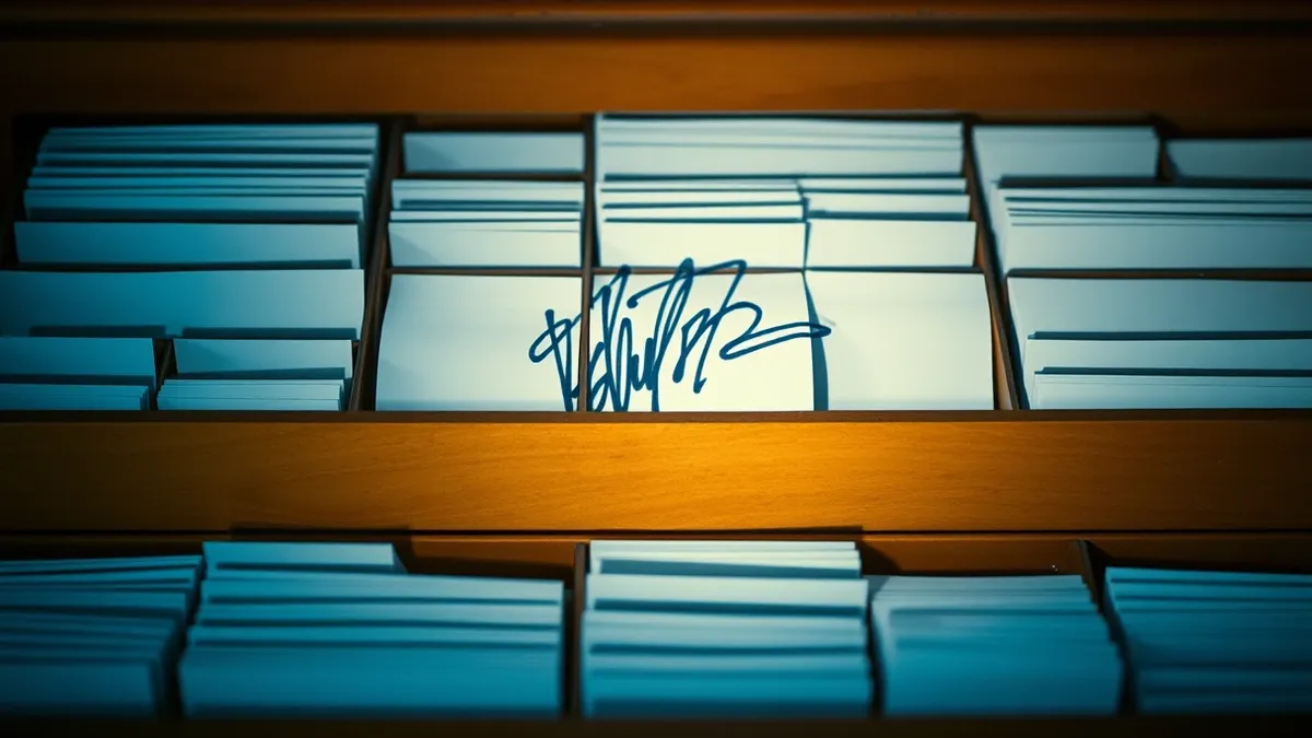 Illustration: A vintage wooden library card catalog drawer hangs slightly open, revealing rows of blank white index cards inside.