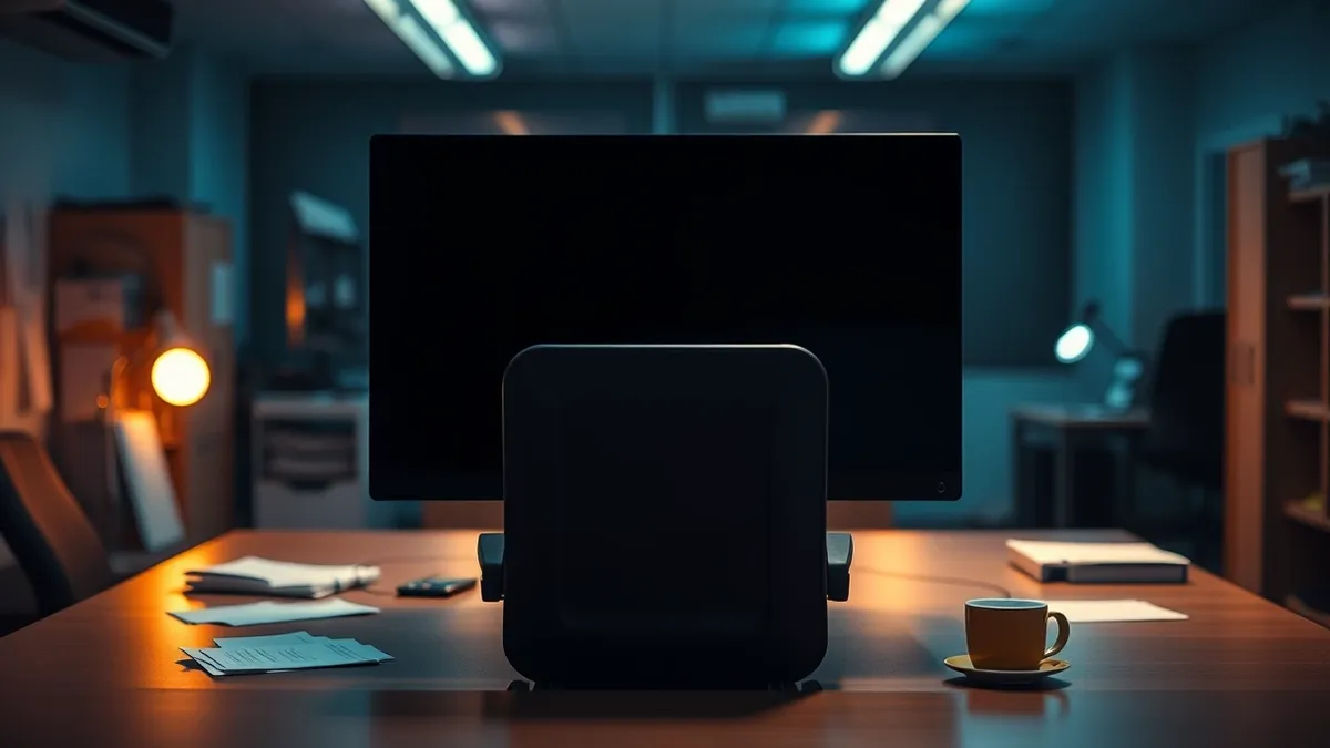 Illustration: A solitary office chair sits empty before a dark computer monitor, its blank screen reflecting the sterile fluorescent lights of a quiet workspace.