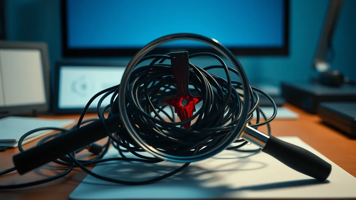 Illustration: A transparent magnifying glass hovers over a tangled, abstract knot of dark wires on a desk.