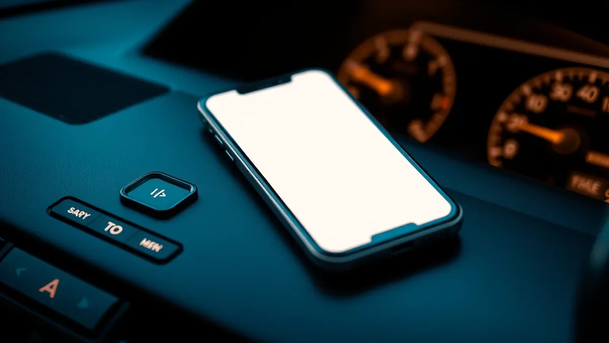Illustration: A sleek smartphone rests on a modern car dashboard, its screen displaying a blank interface with abstract geometric shapes.