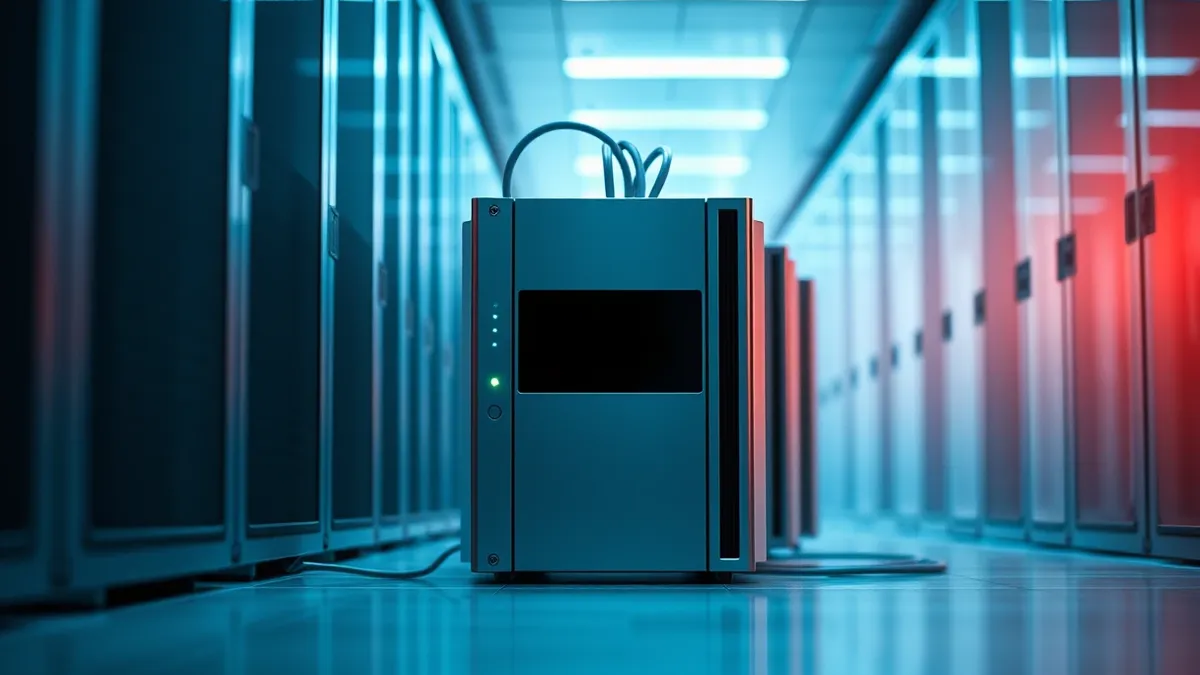 Illustration: A sleek silver server module sits in a clean data center aisle.