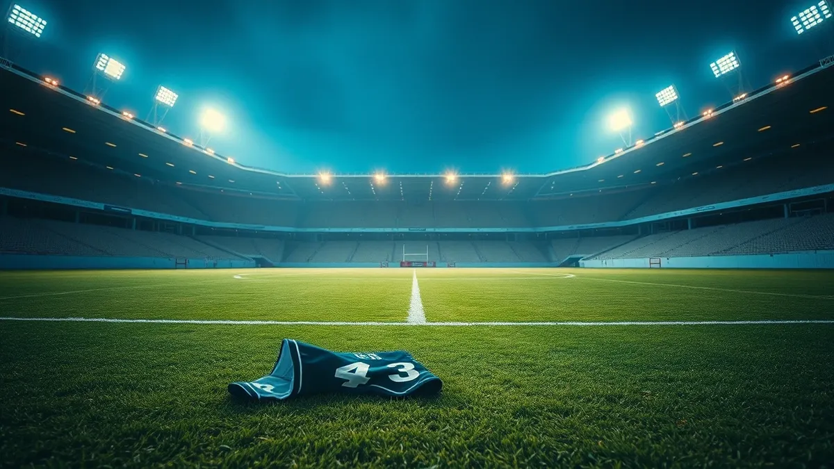 Illustration: An empty rugby league stadium bathed in bright floodlights shows a worn grass pitch with faint white boundary lines.