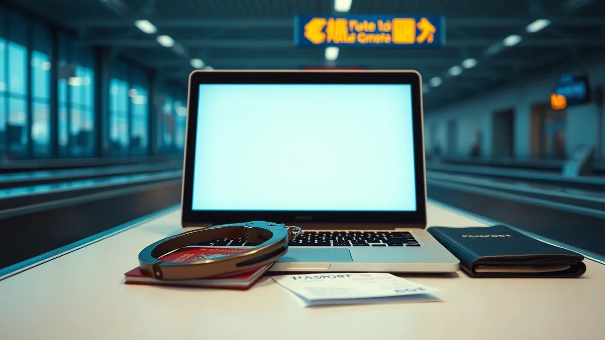 Illustration: A pair of handcuffs rests on a closed laptop beside a passport and a boarding pass on a sterile airport security table.
