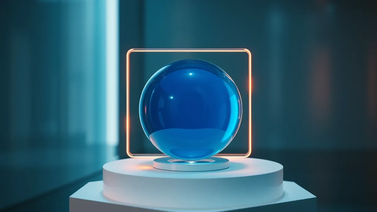 Illustration: A sleek, translucent blue sphere rests on a white pedestal, encased in three distinct, glowing geometric shields that interlock like puzzle pieces.