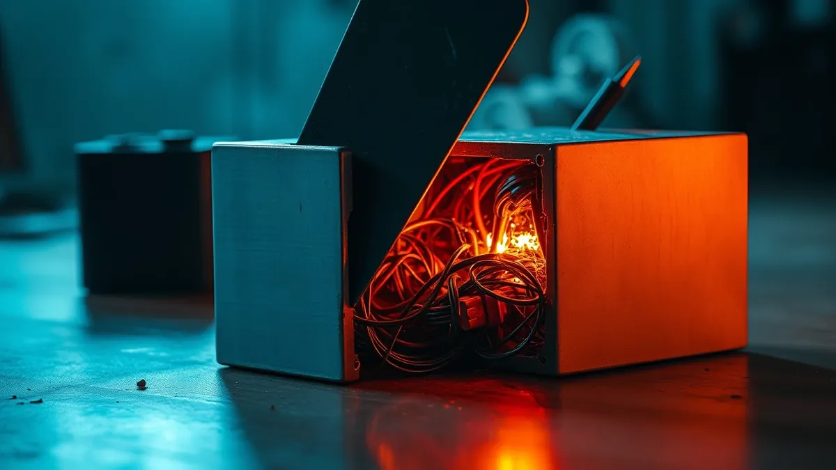 Illustration: A jagged metal wedge splits a smooth steel block, revealing a chaotic interior of tangled wires and sparking circuits.