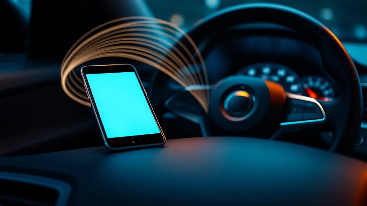 Illustration: A smartphone rests on a car dashboard, its blank screen reflecting the interior.