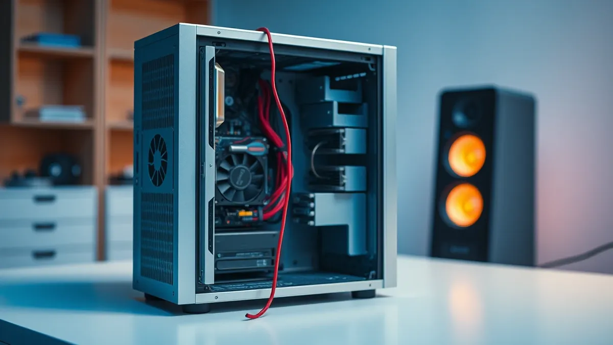 Illustration: A sleek silver server tower sits open on a clean white desk, exposing its intricate circuit boards and cooling fans.