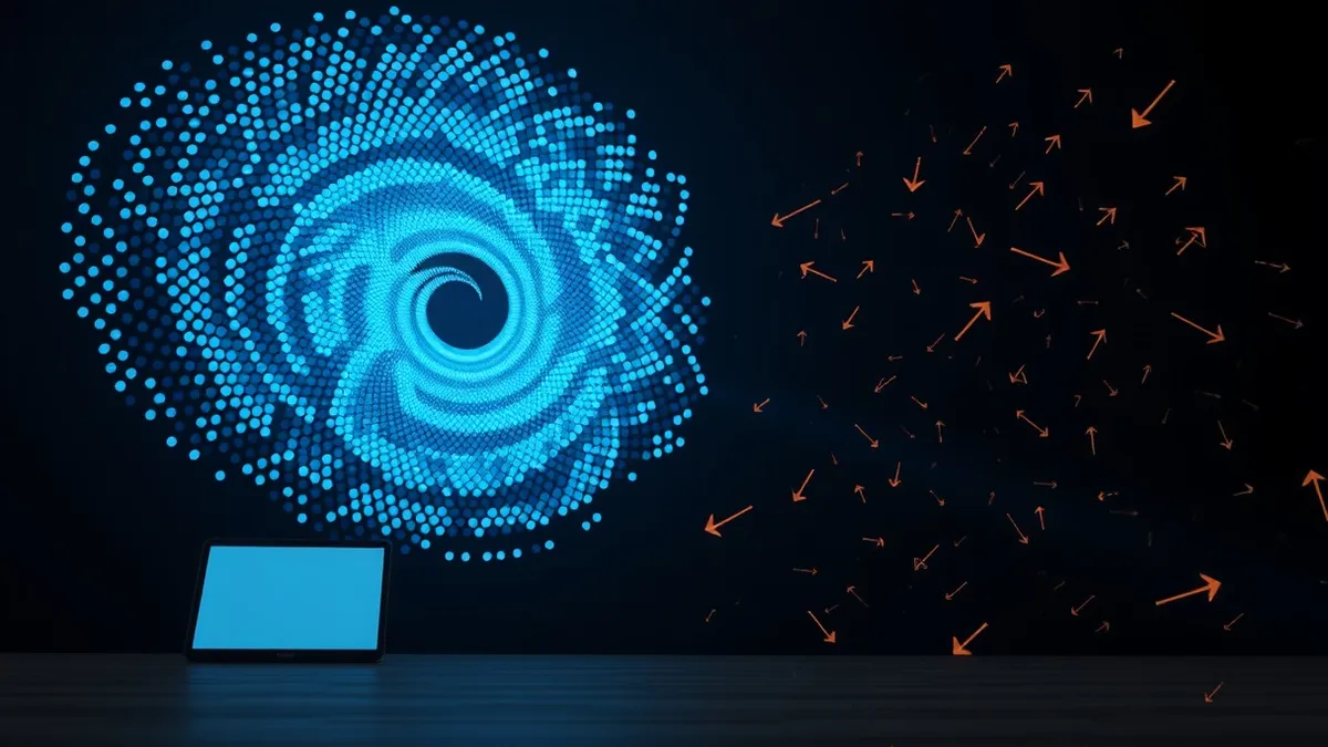 Illustration: A dense cloud of glowing blue dots floats in dark space, forming a clear spiral pattern that represents semantic meaning.