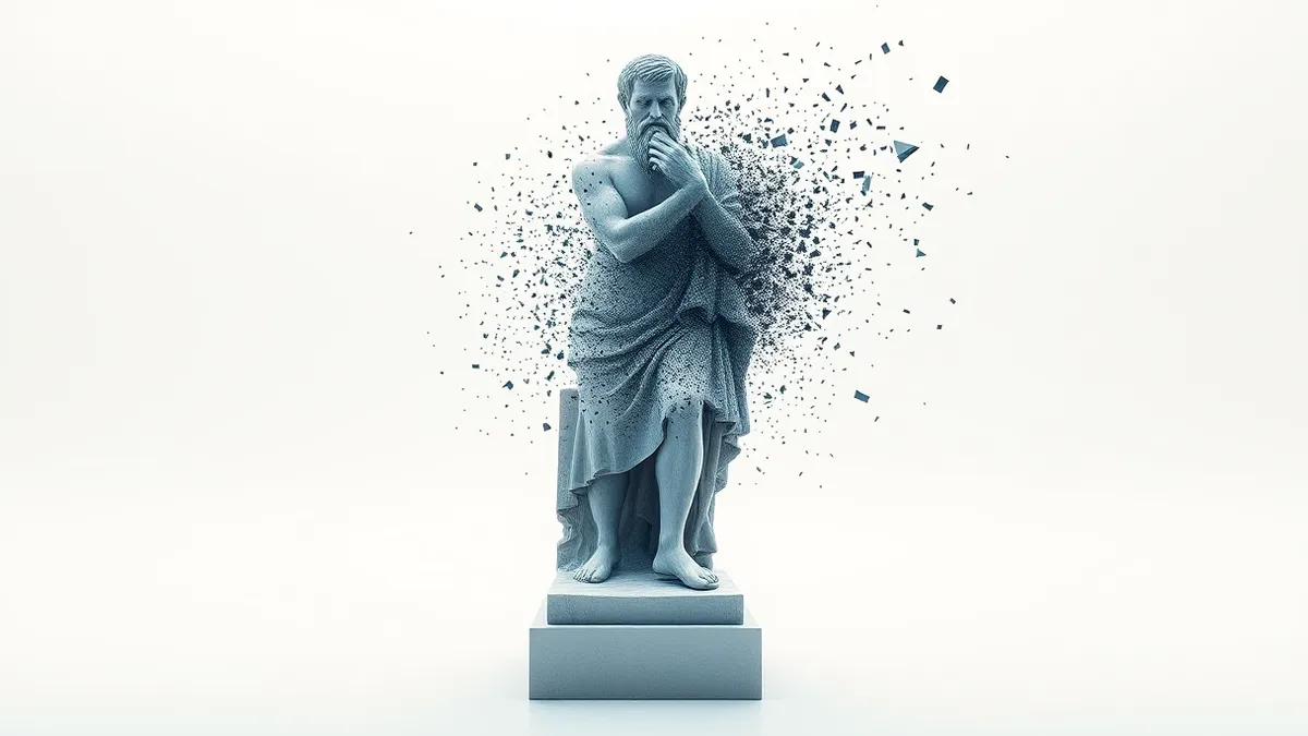 Illustration: A polished marble statue of a classical thinker stands in a stark white void, its smooth stone surface gradually dissolving into a cloud of fragmented, geometric pixe