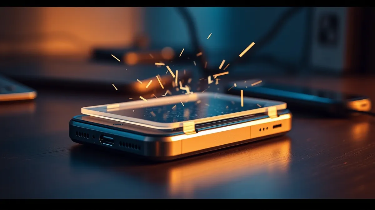 Illustration: A generic smartphone rests on a desk with its surface covered in a translucent, geometric shield.