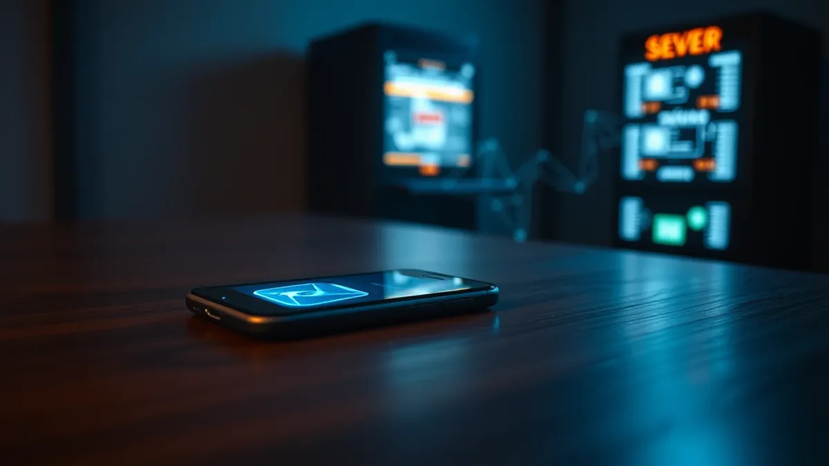 Illustration: A smartphone rests on a wooden table, its screen glowing with abstract geometric shapes.