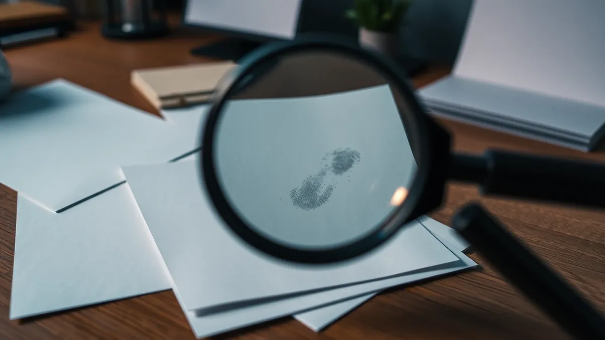 Illustration: A magnifying glass hovers over a stack of blank, white paper sheets scattered on a wooden desk.