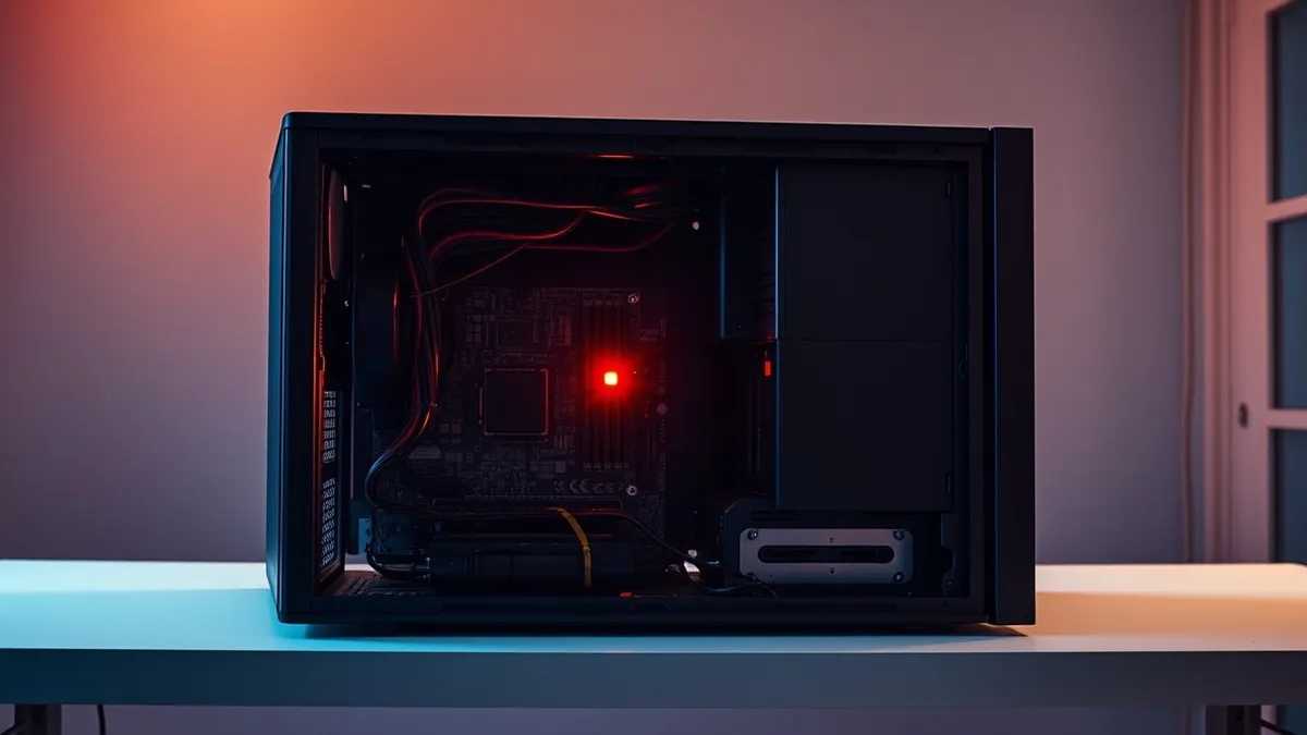 Illustration: A sleek black server chassis sits on a clean white desk with its side panel removed to reveal a complex internal circuit board.