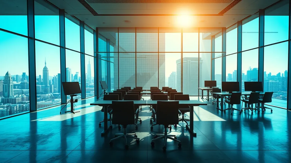 Illustration: A sleek modern office interior with floor-to-ceiling windows overlooks a dense urban skyline.