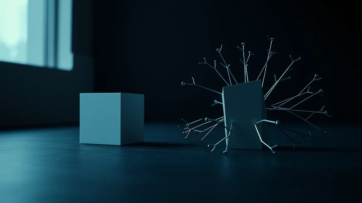 Illustration: Two distinct geometric shapes rest on a dark surface.