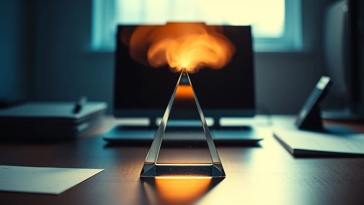 Illustration: A transparent glass prism sits on a desk, splitting a single beam of light into seven distinct colored layers.