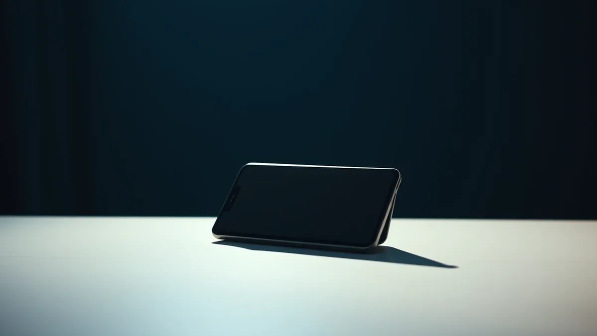 Illustration: A sleek foldable smartphone rests closed on a minimalist white table, its hinge slightly curved.