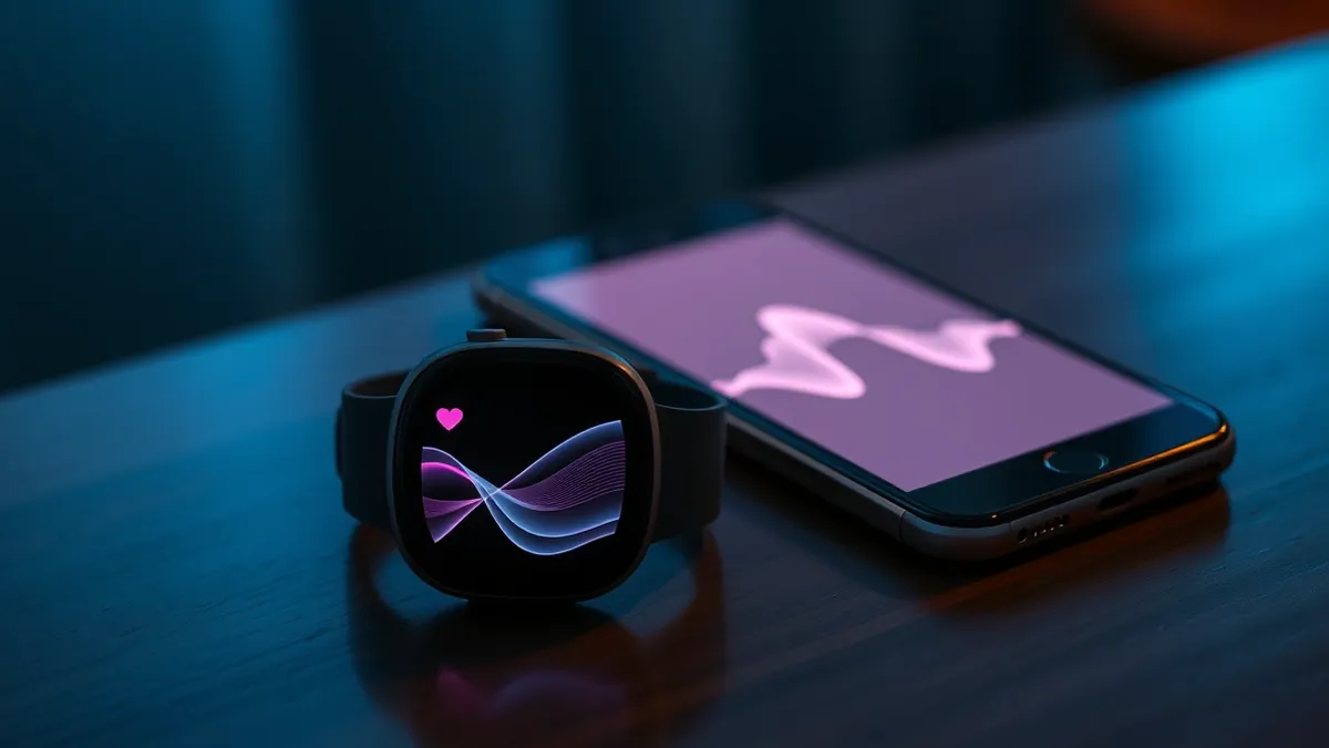 Illustration: A sleek smartwatch rests on a wooden table beside a smartphone.