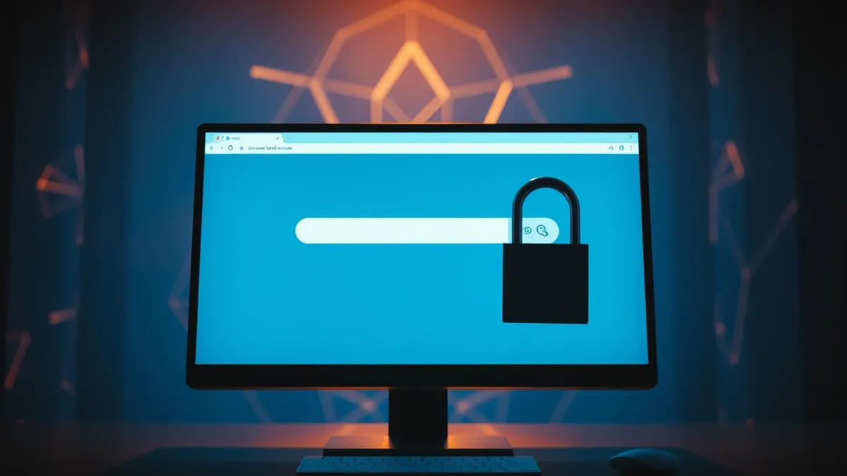 Illustration: A blank computer monitor displays a generic browser window with an empty address bar.
