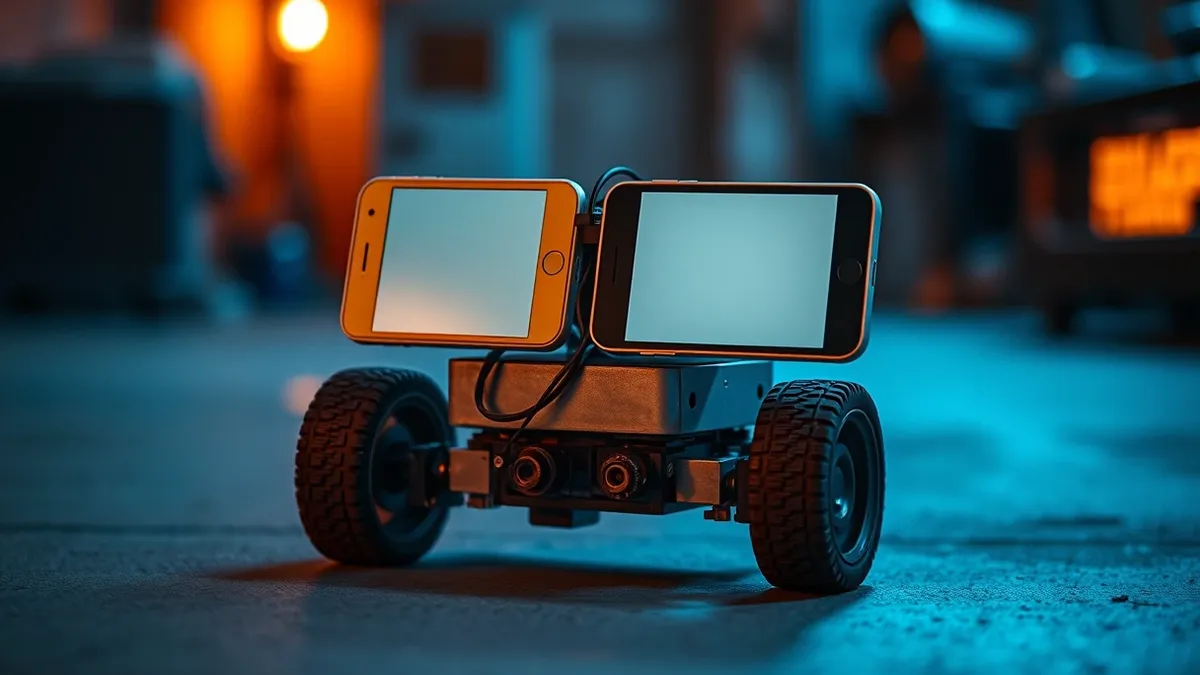 Illustration: A small wheeled robot sits on a concrete floor, its body constructed from 3D-printed plastic frames.