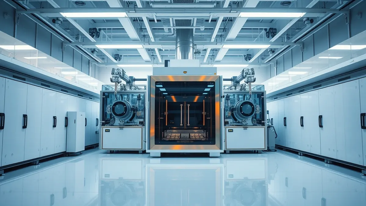 Illustration: A sterile semiconductor fabrication lab holds a large lithography machine with polished metal surfaces and clear glass viewing panels.