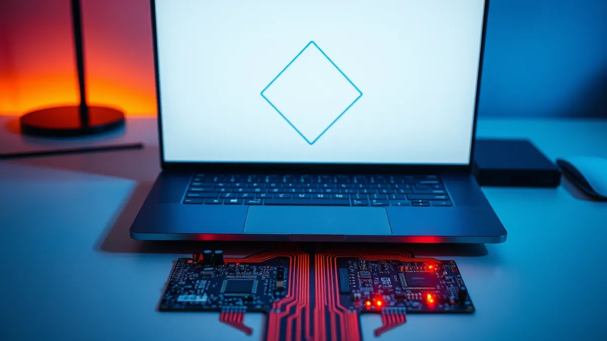 Illustration: A sleek laptop sits open on a clean desk, its blank screen reflecting a split visual metaphor of two abstract geometric shapes merging.