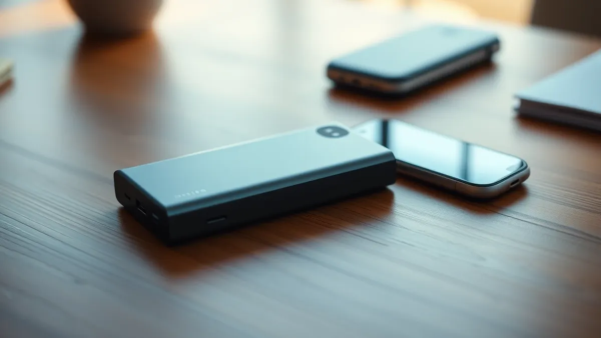 Illustration: A sleek rectangular power bank rests on a smooth wooden table next to a smartphone.