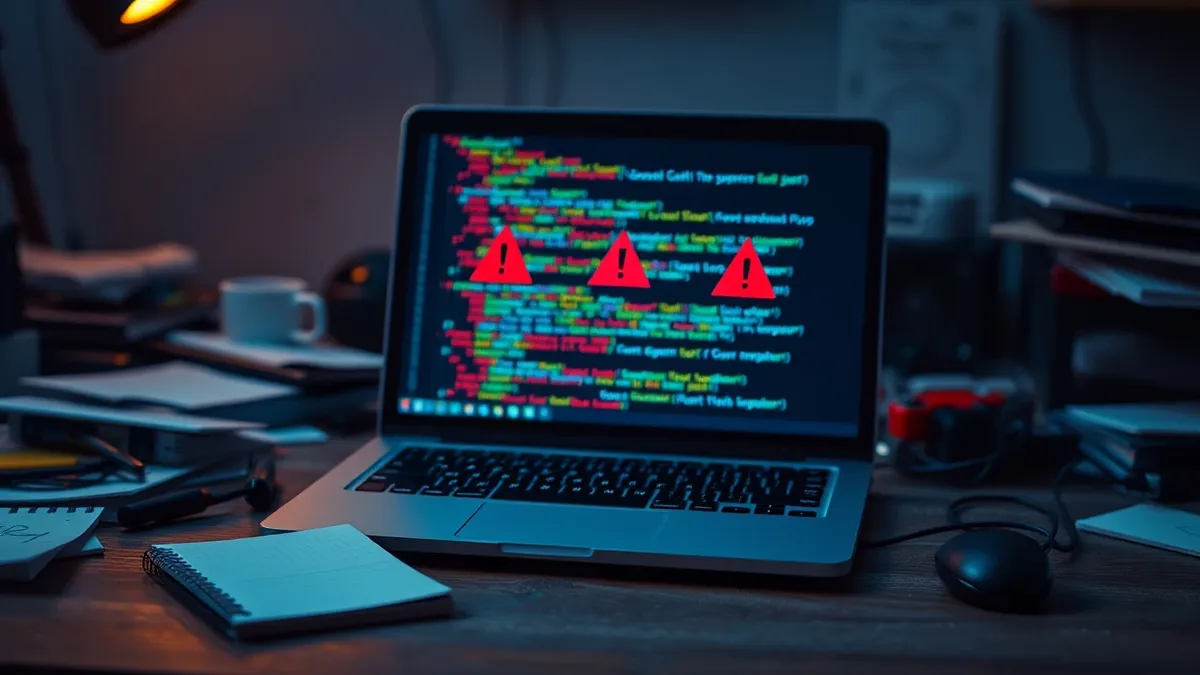 Illustration: A sleek laptop sits on a messy desk, its screen displaying three overlapping windows of colorful, abstract code blocks.