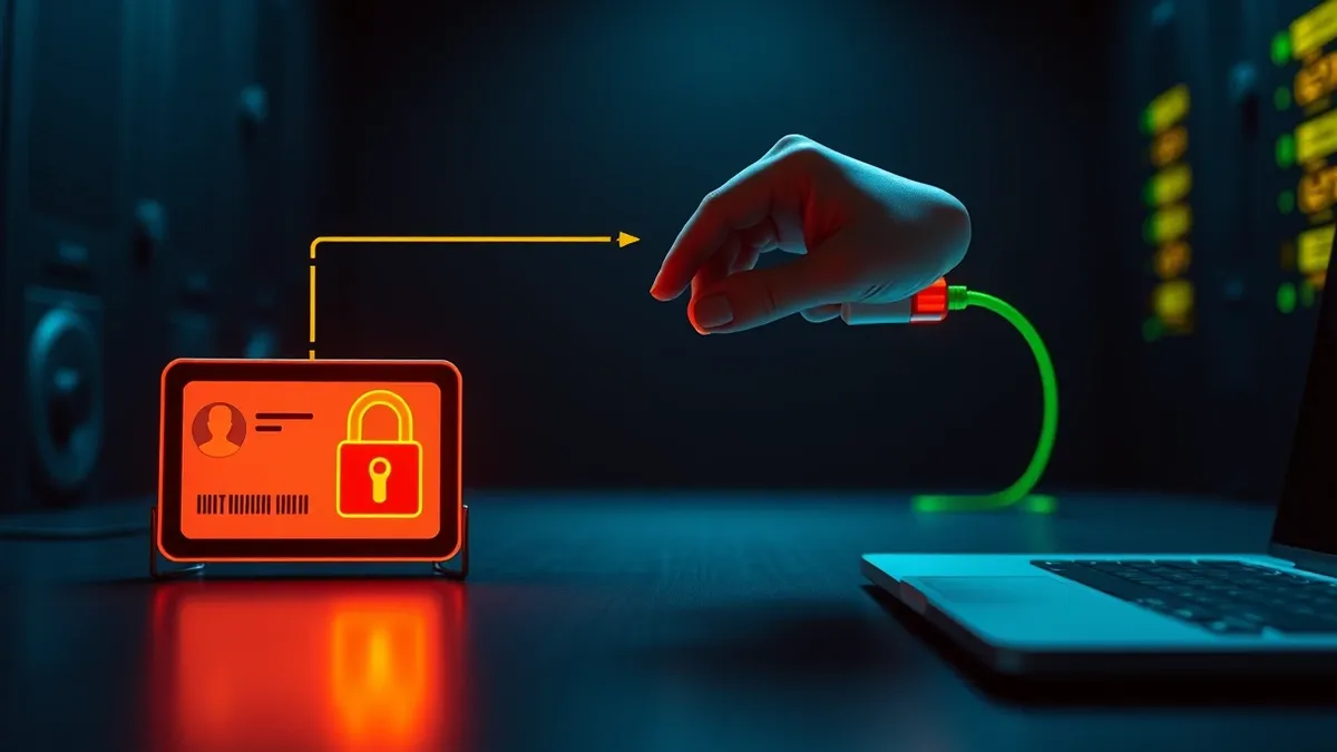 Illustration: An automated workflow diagram flows from a generic identity card to a locked server icon.