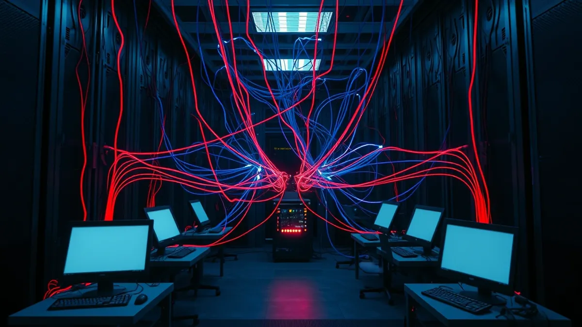 Illustration: A tangled web of glowing threads connects a central server to several distant terminals, with bright red strands looping back and bypassing the main gate.