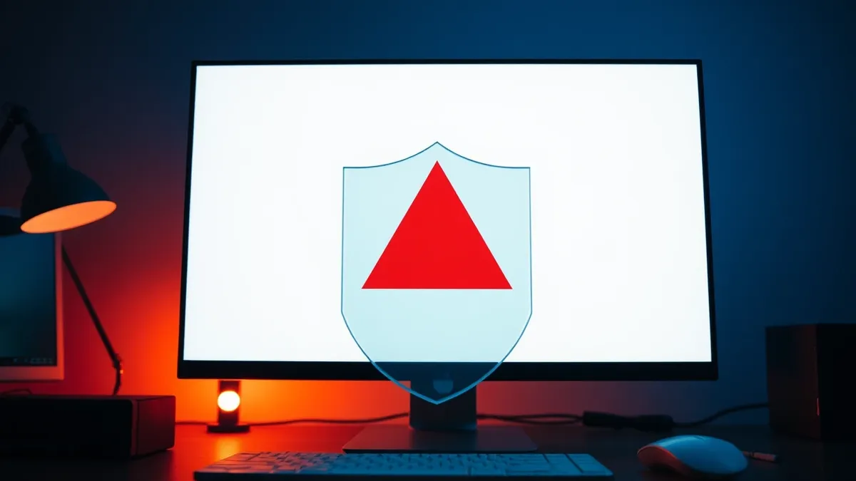 Illustration: A computer monitor displays a blank white screen with a single large red warning triangle in the center.