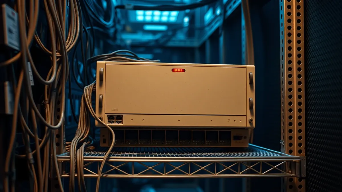 Illustration: A dusty, beige network appliance sits on a cluttered metal shelf in a dimly lit server room.