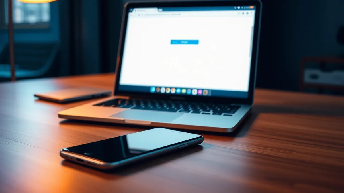 Illustration: A sleek modern smartphone rests on a smooth wooden desk beside a silver laptop.