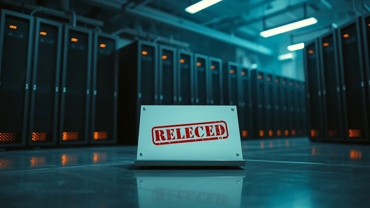 Illustration: A massive row of blank black server blades sits in a dimly lit room, their indicator lights reflecting on the polished concrete floor.