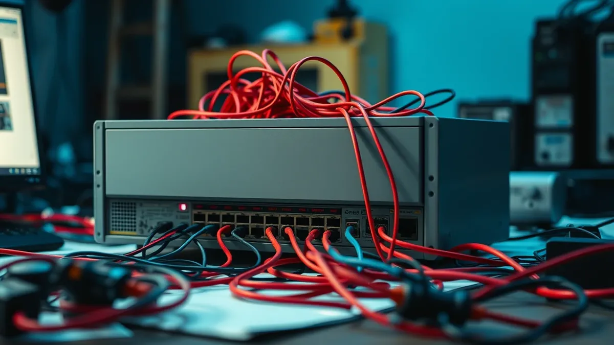 Illustration: A grey network appliance sits on a cluttered desk with tangled cables spilling from its rear ports.