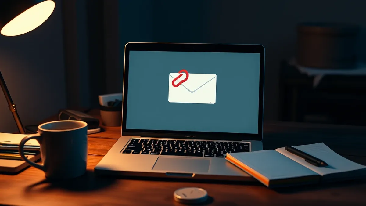 Illustration: A sleek laptop sits on a cluttered wooden desk, its screen displaying a single email with a red paperclip icon hovering ominously above a blank document.
