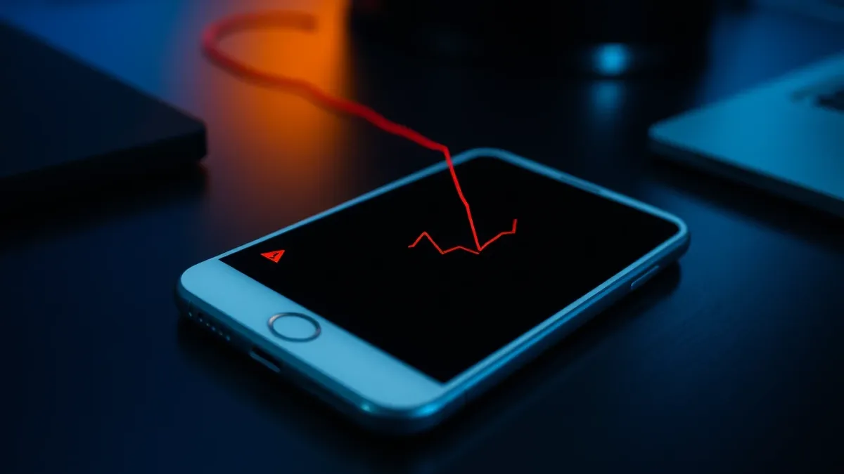 Illustration: A sleek white smartphone rests on a dark desk, its screen displaying a generic website interface with a small red warning icon in the corner.