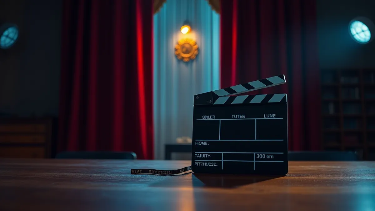 Illustration: A sleek silver film reel sits beside a vintage movie clapperboard on a polished wooden desk.
